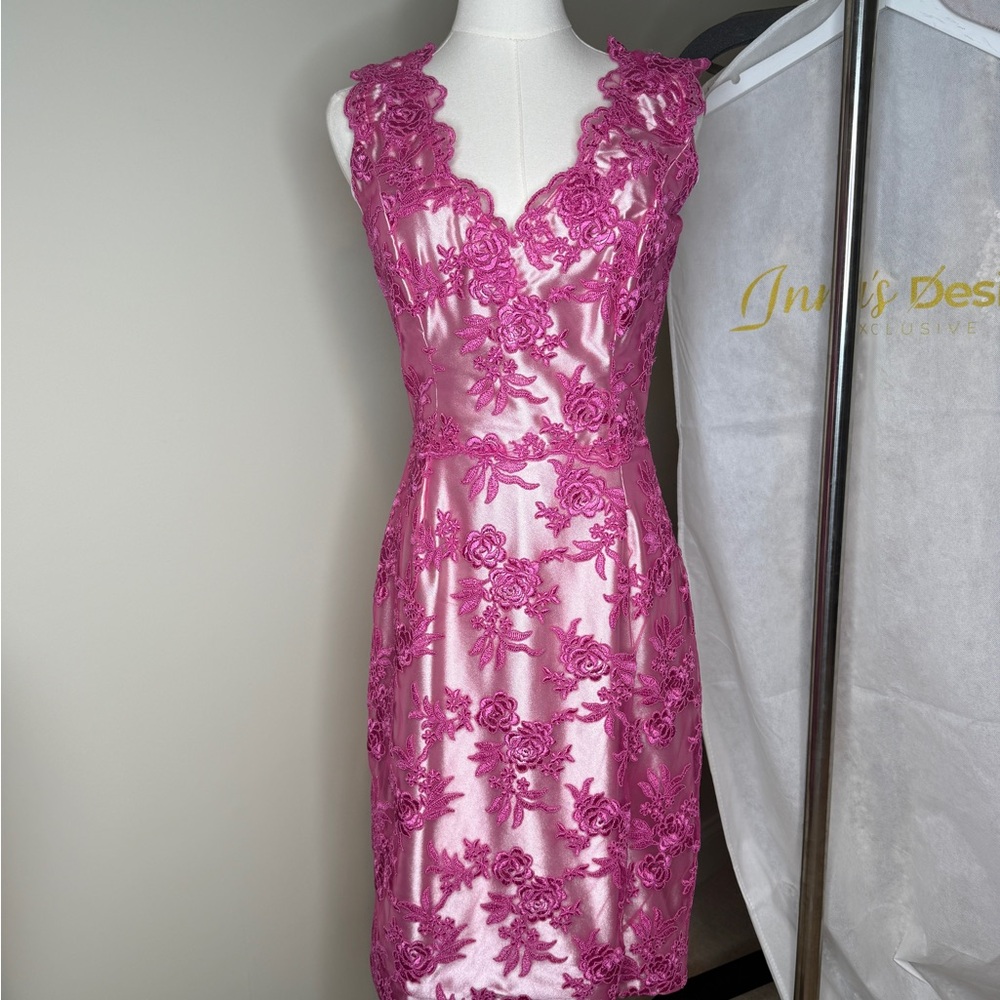 Custom made pink floral lace cocktail dress with pearlized lining